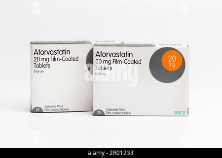 Due scatole da 20mg confezioni calendario di Atorvastatin compresse. Foto Stock