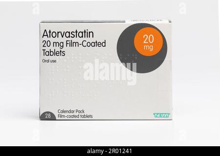 Una scatola da 20mg confezioni calendario di Atorvastatin compresse. Foto Stock