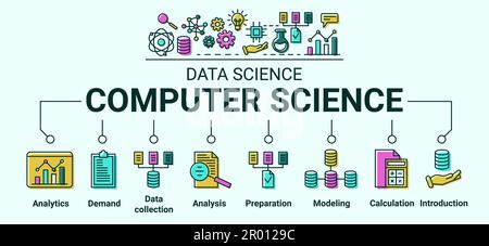 Scienza dei dati. Icone ai. Business digitale. Processo statistico. Algoritmi della strategia di innovazione. Analisi dell'automazione delle informazioni. Calcolo e analisi Illustrazione Vettoriale