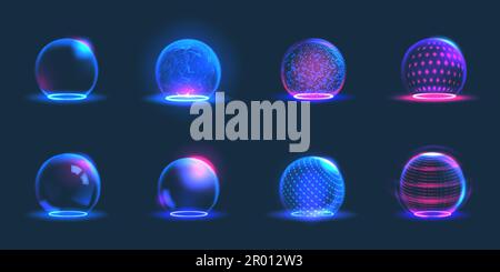Sfere digitali 3D. Background tecnologico, globo astratto o scudo, energia cyber protezione, ai cerchio trasparente. Colori blu viola neon, a realistico Illustrazione Vettoriale