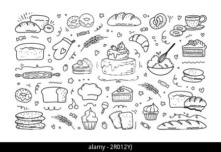 Set di dodle da forno, pasticceria dolce, cupcake e biscotti, elementi tipografici disegnati a mano. Croissant per chef menu gourmet o logo, negozio di dolciumi lo Illustrazione Vettoriale