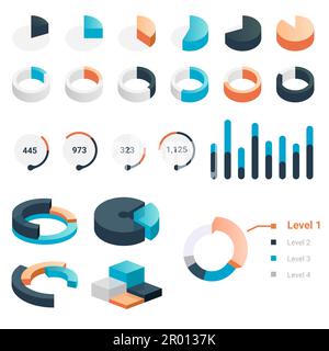 Grafici. Barre statistiche e diagrammi circolari per la presentazione dei dati. Elementi dell'istogramma di confronto. Grafici analitici colorati isolati. Affari i Illustrazione Vettoriale