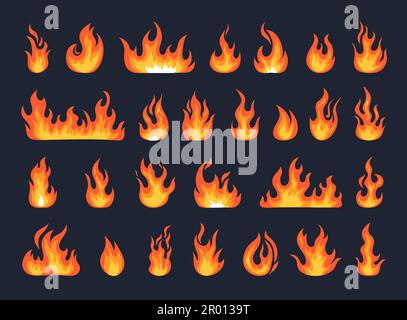 Fiamma impostata, fuoco bruciato. Simbolo di fuoco di fiamma, elementi rossi caldi o inferno, silhouette di accensione infiammabile, icone di movimento falò, energia luminosa arancione. Vettore Illustrazione Vettoriale