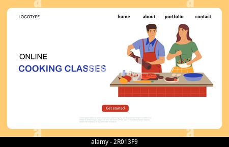 Cucina in cucina. Landing page delle classi di preparazione alimentare online. Tutorial culinario. Corso Internet. Uomo e donna che preparano la cena. Formazione dello chef Illustrazione Vettoriale