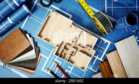Home strumenti decorazione permanente sulla casa bluprints. 3D'illustrazione. Foto Stock