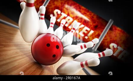 Bowling strike concetto con sfere di rotolamento e le spine. 3D'illustrazione. Foto Stock