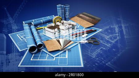 Home strumenti decorazione permanente sulla casa bluprints. 3D'illustrazione. Foto Stock