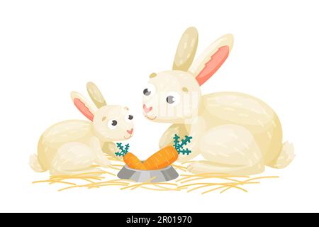 Madre e coniglio bambino mangiare carota. Famiglia di conigli bianchi. Carino disegno vettoriale. Illustrazione Vettoriale