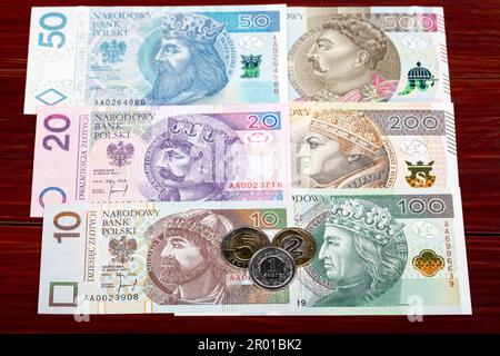 Denaro polacco - Zloty - monete e banconote Foto Stock