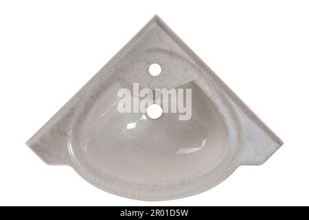 Lavabo ad angolo in acrilico con una texture che imita il marmo. Isolato su sfondo bianco. Vista dall'alto. Foto Stock