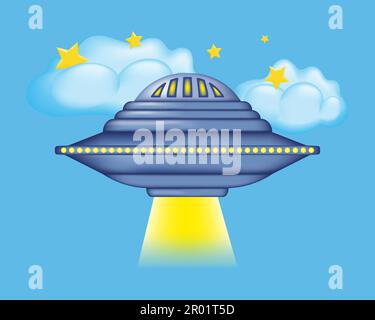 UFO sullo sfondo di nuvole e stelle 3D in stile cartone animato. Un piattino volante con luce gialla si toglie sullo sfondo del cielo stellato. Illustrazione Vettoriale