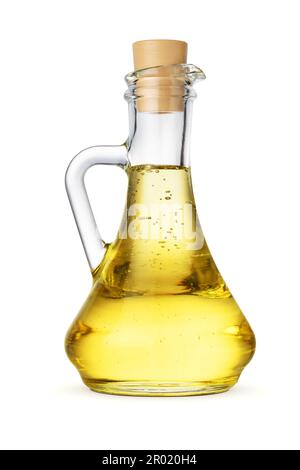 Olio di girasole raffinato in vaso di vetro o contenitore con sughero isolato su fondo bianco. Foto Stock