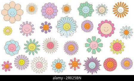 Grande set retrò fiori d'annata margherita. Simpatici personaggi dei cartoni animati. Illustrazione Vettoriale