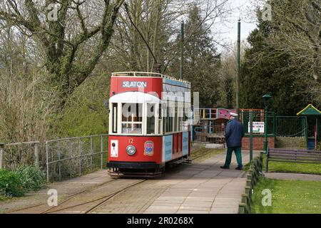 Seaton, Regno Unito - Aprile 2022: Il Seaton Tramway è un tram elettrico vintage a scartamento ridotto nel sud-ovest dell'Inghilterra Foto Stock