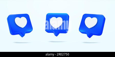 3d icona cuore, casella di testo cuore, notifica amore social media, icona amore per instagram sulla casella di chat. Imposta come icona a forma di cuore su una puntina blu. Icona a forma di bolla di riconoscimento vocale insieme di cuore. illustrazione vettoriale 3d. Illustrazione vettoriale Illustrazione Vettoriale