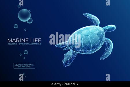 Tartaruga marina poligonale su sfondo blu. Concetto di vita marina. Illustrazione Vettoriale