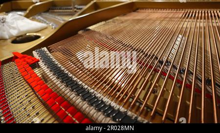 Un primo piano del particolare interno di un pianoforte Foto Stock