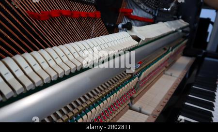 Un primo piano del particolare interno di un pianoforte Foto Stock