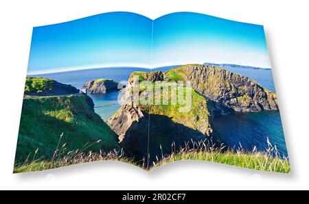 Tipico paesaggio irlandese con ponte sospeso sulle scogliere (Irlanda del Nord - Regno Unito - Carrick a Rede) - 3D rendering di un album fotografico aperto - Io sono Foto Stock