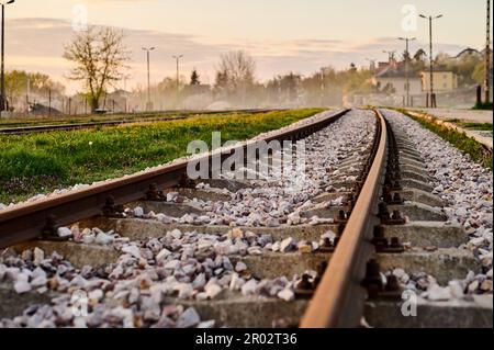 Nuove rotaie su traversine in una stazione ferroviaria di merci Foto Stock