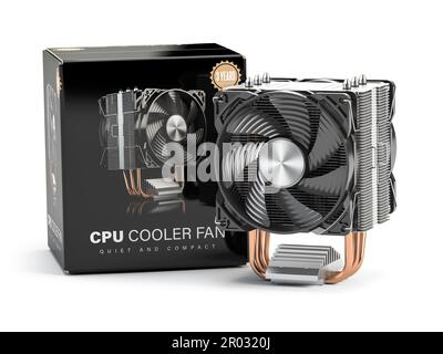 Refrigeratore della CPU con tubi di calore e scatola di imballaggio isolati su sfondo bianco. illustrazione 3d Foto Stock