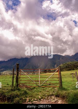 La vecchia e arrugginita porta di metallo rosso e bianco di un allevamento di bestiame, catturato in una giornata di notte al bordo di una strada rurale vicino alla città di la Palma in Th Foto Stock