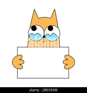 Carino gatto comico con grandi occhi tenere placard con spazio di testo. Cartoon line minimal disegno a mano schizzo divertente stile. Chiedere, implorare espressione. Per ricovero veterinario o per animali domestici. Illustrazione vettoriale. Illustrazione Vettoriale