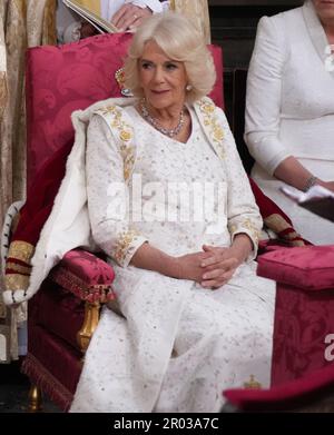 La regina Camilla durante la cerimonia di incoronazione all'Abbazia di Westminster, Londra. Data immagine: Sabato 6 maggio 2023. Foto Stock