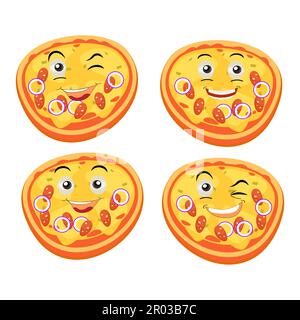 Divertente felice pizza mostra il logo del gesto di pace. Icona di illustrazione del carattere kawaii della linea del fumetto vettore. Concetto di logo del preventivo della pizza. Fast food Vector Illustrazione Vettoriale