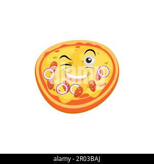 Divertente felice pizza mostra il logo del gesto di pace. Icona di illustrazione del carattere kawaii della linea del fumetto vettore. Concetto di logo del preventivo della pizza. Fast food Vector Illustrazione Vettoriale