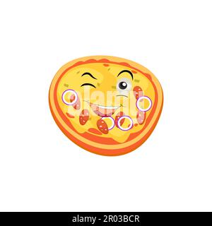 Divertente felice pizza mostra il logo del gesto di pace. Icona di illustrazione del carattere kawaii della linea del fumetto vettore. Concetto di logo del preventivo della pizza. Fast food Vector Illustrazione Vettoriale