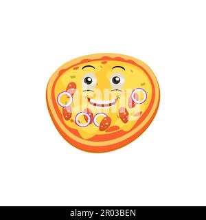 Divertente felice pizza mostra il logo del gesto di pace. Icona di illustrazione del carattere kawaii della linea del fumetto vettore. Concetto di logo del preventivo della pizza. Fast food Vector Illustrazione Vettoriale