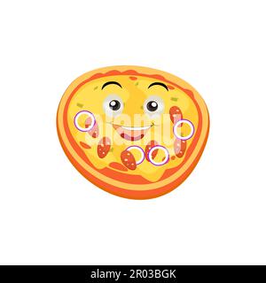 Divertente felice pizza mostra il logo del gesto di pace. Icona di illustrazione del carattere kawaii della linea del fumetto vettore. Concetto di logo del preventivo della pizza. Fast food Vector Illustrazione Vettoriale