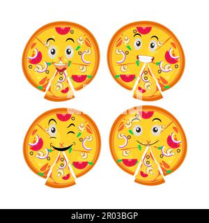 Divertente felice pizza mostra il logo del gesto di pace. Icona di illustrazione del carattere kawaii della linea del fumetto vettore. Concetto di logo del preventivo della pizza. Fast food Vector Illustrazione Vettoriale