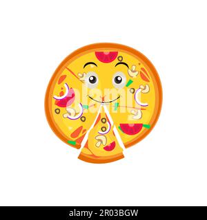 Divertente felice pizza mostra il logo del gesto di pace. Icona di illustrazione del carattere kawaii della linea del fumetto vettore. Concetto di logo del preventivo della pizza. Fast food Vector Illustrazione Vettoriale