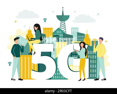 Illustrazione vettoriale di Internet 5G. Uomini e donne con smartphone e computer portatili vicino alla lettera G e il numero 5, sullo sfondo dell'edificio Illustrazione Vettoriale