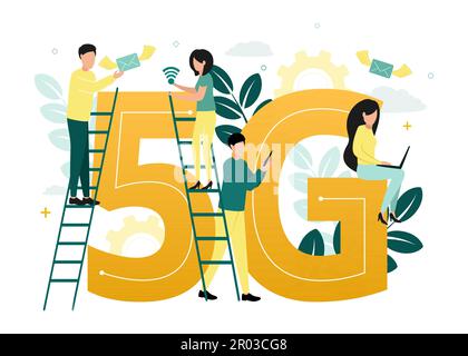 Illustrazione vettoriale di Internet 5G. Uomini e donne si trovano sulle scale vicino alla lettera G e al numero 5, con una busta, un'icona di rete, un computer portatile e un Illustrazione Vettoriale