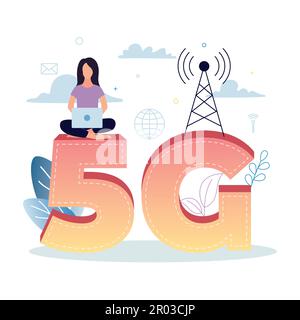 Internet mobile 5G. Una donna con un notebook siede su 5G, sullo sfondo di piante, icone di rete, internet, torre, nuvole. Illustrazione vettoriale Illustrazione Vettoriale