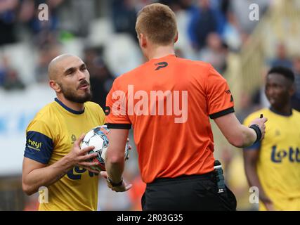 Genk, Belgio. 06th maggio, 2023. Ismael Kandouss di Union ha mostrato in azione durante una partita di calcio tra Club Brugge e Royale Union Saint-Gilloise, sabato 06 maggio 2023 a Brugge, il 2° giorno dei play-off dei campioni della prima divisione del campionato belga della 'Jupiler Pro League' del 2022-2023. BELGA PHOTO DAVID PINTENS Credit: Belga News Agency/Alamy Live News Foto Stock