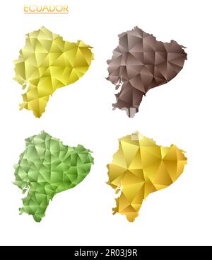 Insieme di mappe poligonali vettoriali dell'Ecuador. Mappa del paese con gradiente luminoso in basso stile polietilene. Illustrazione Vettoriale
