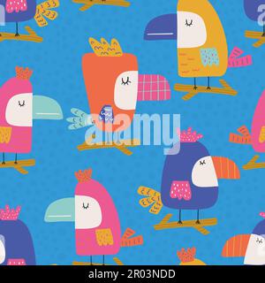 Cute tropicale senza cuciture modello con diversi uccelli esotici toucan su sfondo blu. Illustrazione Vettoriale