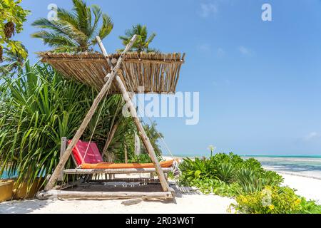 Swing in legno con un materasso sotto un baldacchino sulla spiaggia tropicale vicino al mare, isola di Zanzibar, Tanzania, Africa orientale, viaggio e concetto di vacanza Foto Stock