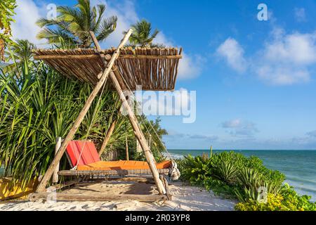 Swing in legno con un materasso sotto un baldacchino sulla spiaggia tropicale vicino al mare, isola di Zanzibar, Tanzania, Africa orientale, viaggio e concetto di vacanza Foto Stock