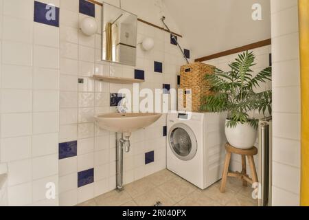 un piccolo bagno con lavandino, wc e piante in cestini sulla parete accanto  al lavandino c'è uno specchio Foto stock - Alamy