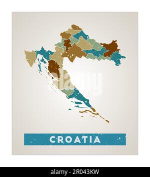 Mappa della Croazia. Poster del paese con le regioni. Vecchio grunge texture. Forma della Croazia con il nome del paese. Illustrazione accattivante del vettore. Illustrazione Vettoriale