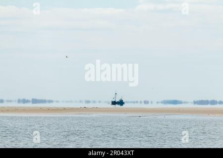 Una nave lontana dalla spiaggia Foto Stock