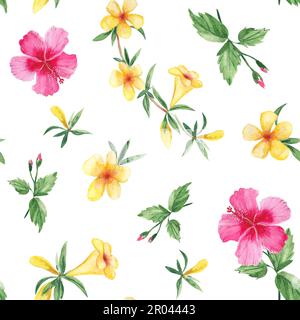 Motivo acquerello senza cuciture con fiori tropicali esotici. Hibiscus, alamanda, campana gialla. Illustrazione botanica isolata su sfondo bianco. Può essere Foto Stock