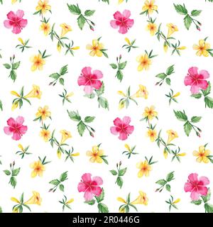 Motivo acquerello senza cuciture con fiori tropicali esotici. Hibiscus, alamanda, campana gialla. Illustrazione botanica isolata su sfondo bianco. Può essere Foto Stock