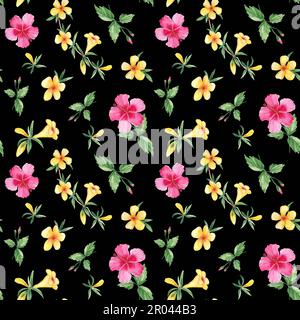 Motivo acquerello senza cuciture con fiori tropicali esotici. Hibiscus, alamanda, campana gialla. Illustrazione botanica isolata su sfondo nero. Può essere Foto Stock