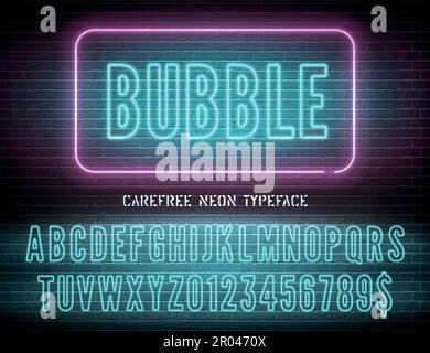 Bolla notte luce extra incandescente effetto carattere cavo con numeri su sfondo muro di mattoni scuri. Alfabeto al neon blu vettoriale Illustrazione Vettoriale
